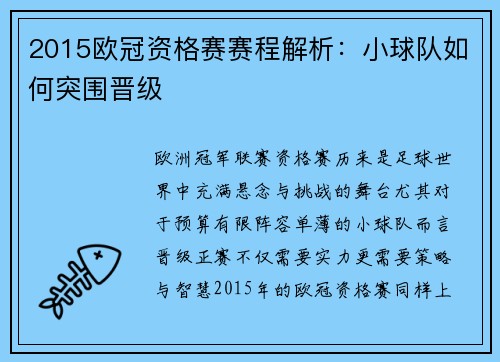 2015欧冠资格赛赛程解析：小球队如何突围晋级