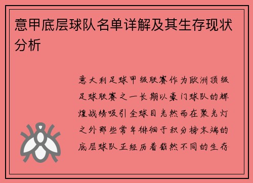 意甲底层球队名单详解及其生存现状分析